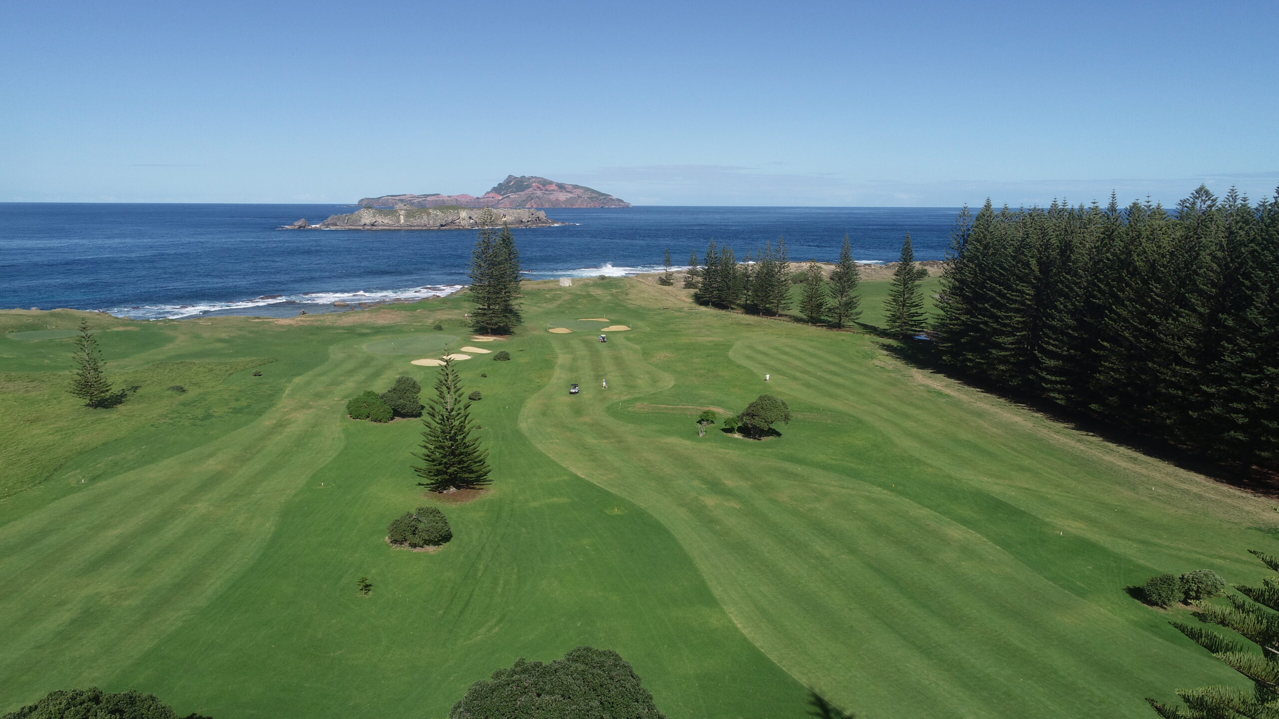 Aerial view of the Norfolk Island Golf Club beside the Pacific Ocean at Kingston